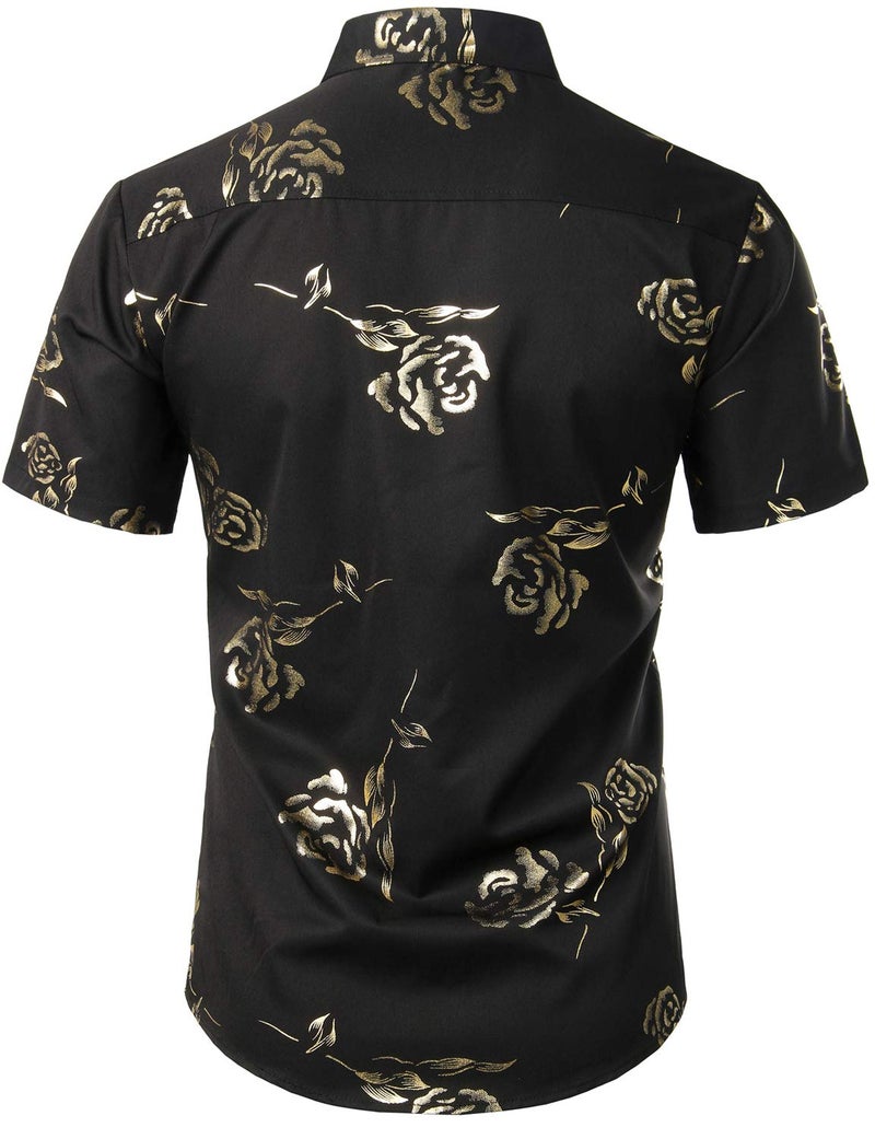 ZEROYAA Mens Hipster Gold Rose Printed Slim Fit Short Sleeve Button Down Dress Shirts ZZCL41 Black Medium - Image 2